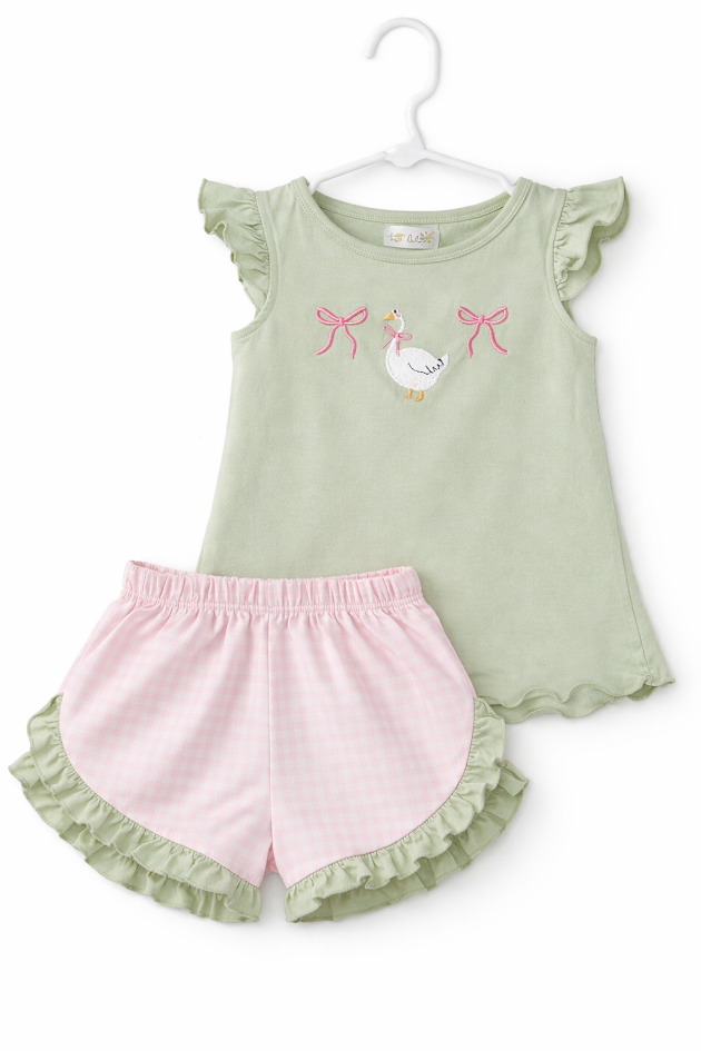 Sage Embroidered Goose Shorts & Shirt Set