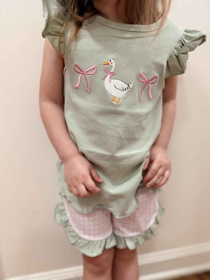 Sage Embroidered Goose Shorts & Shirt Set
