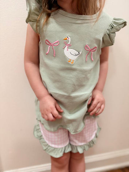 Sage Embroidered Goose Shorts & Shirt Set