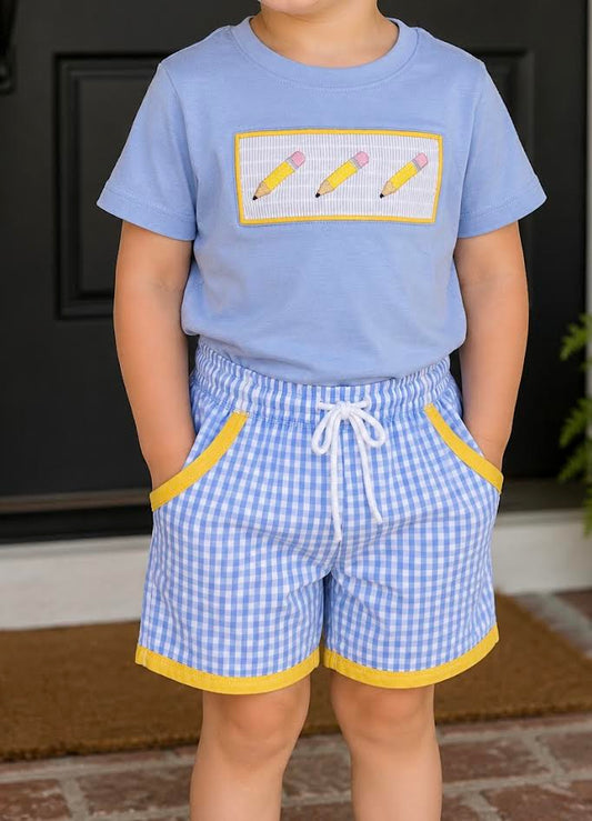 Blue Pencil Smocked Short Set