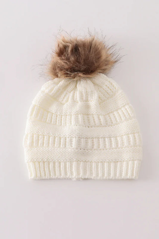 Ivory Pom Pom Beanie Hat