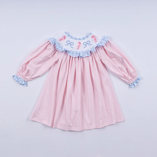Hand Smocked Pink Candy Cane Dress