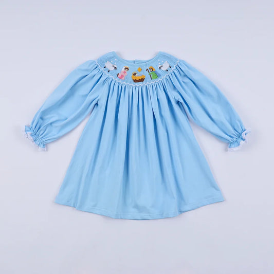 Hand Smocked Blue Nativity Dress