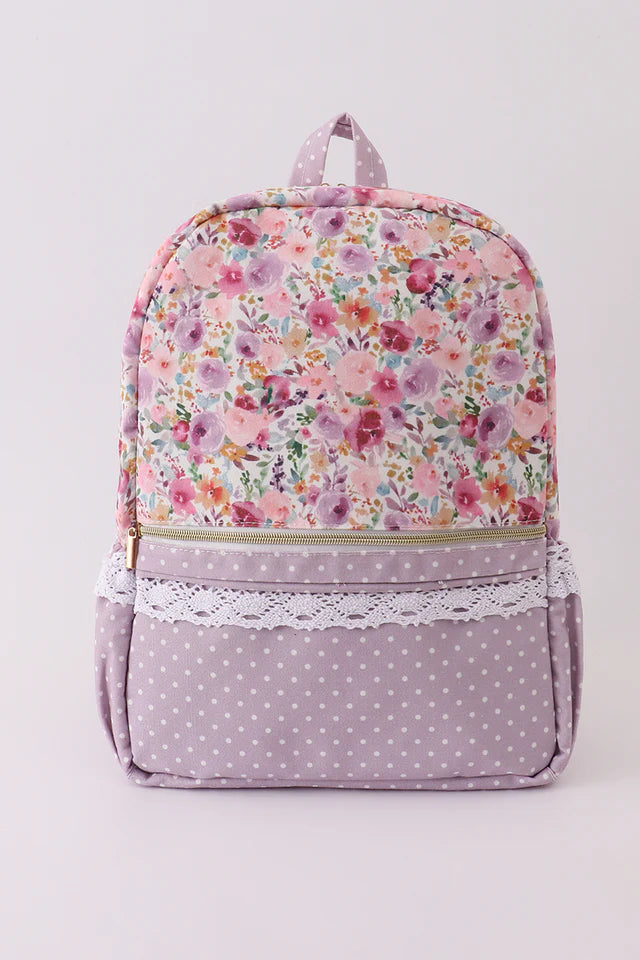 Purple Floral Print Canvas Backpack - Small