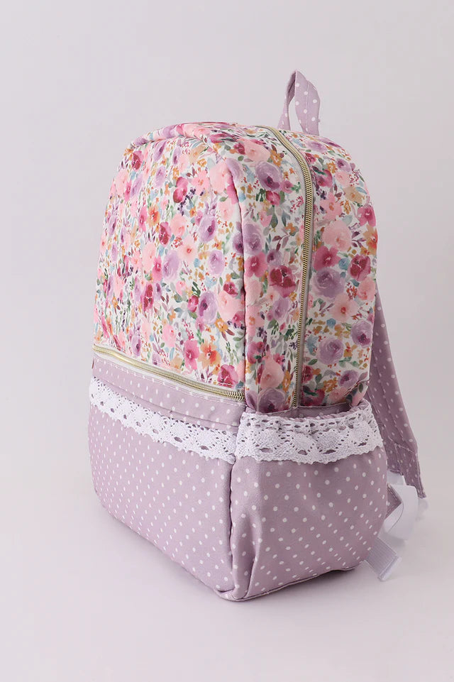 Purple Floral Print Canvas Backpack - Regular