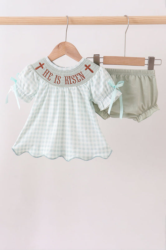 Sage 'He is Risen' Smocked Bloomer Set