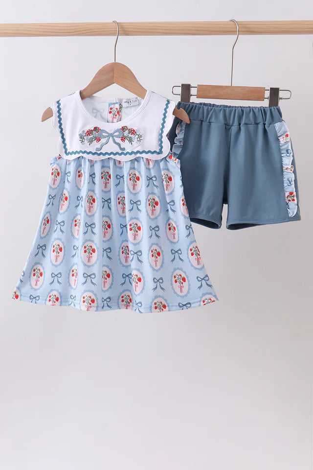 Strawberry Embroidery Ruffle Shorts Set