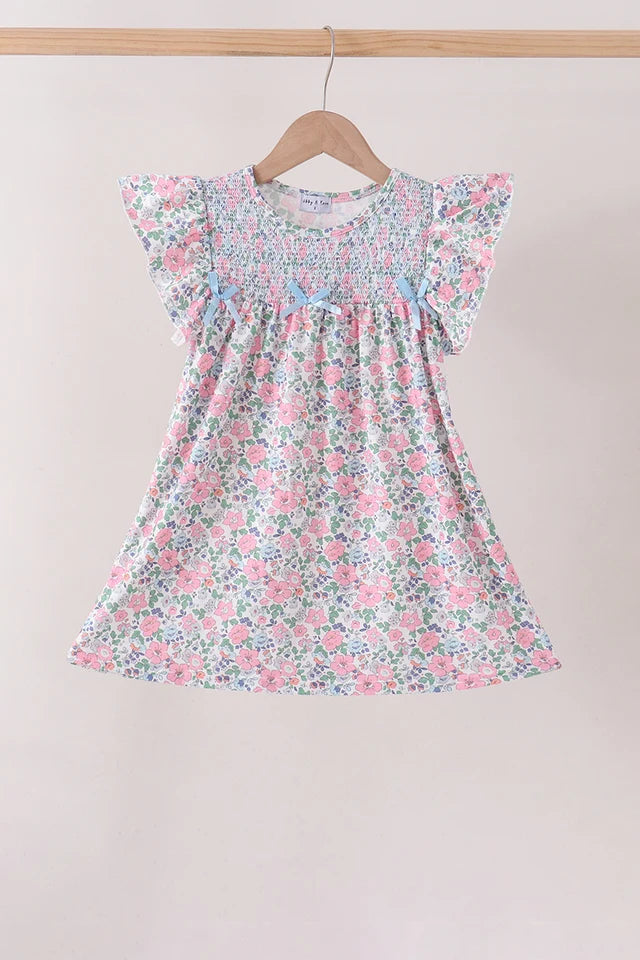 Blue Floral Smocked Ruffle Dress