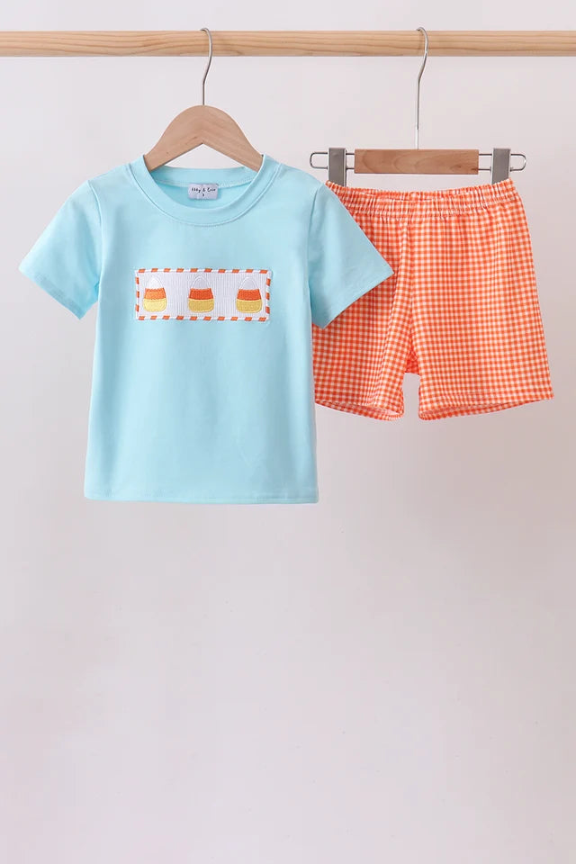 Candy Corn Smocked Gingham Shorts Set