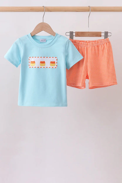 Candy Corn Smocked Gingham Shorts Set